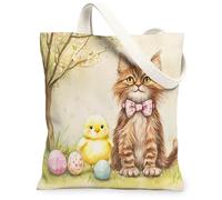 Spring Easter Maine Coons Cats Canvas Tote Bag for Shopping 13 * 15, Cute Chick Eggs Reusable Grocery Shoulder Bag for Women, Pet Painting Gift Decor