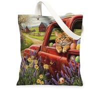 Spring Easter Maine Coons Cats Canvas Tote Bag for Shopping 13 * 15, Farm Truck Eggs Reusable Grocery Shoulder Bag for Women, Pet Painting Gift Decoration