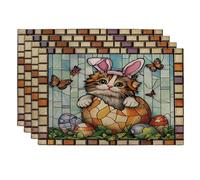 Spring Easter Maine Coons Cats Placemats Set of 4, 12''x18'', Stained Glass Eggs 4Pcs Print Washable Table Mats for Dinning, Pet Holiday Home Kitchen Decor