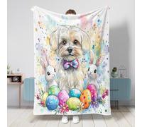 Spring Easter Maltese Dog Blanket 60 * 80 Inch, Cute Bunny Eggs Fluffy Cozy Flannel Throw Blankets for Couch Bed Beach Travel, Pet Home Sofa Decoration