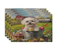 Spring Easter Maltese Dog Placemats Set of 4, 12 * 18, Farmhouse Barn Puppy 4Pcs Print Table Mats for Dinning, Country Pet Holiday Home Kitchen Decor