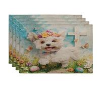 Spring Easter Maltese Dog Placemats Set of 4, 12x18 Inch, Cross Eggs Field 4Pcs Washable Table Mats for Home Dinning, Pet Holiday Party Kitchen Decor