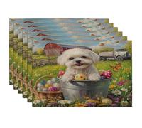 Spring Easter Maltese Dog Placemats Set of 6, 12 * 18, Farmhouse Barn Puppy 4Pcs Print Table Mats for Dinning, Country Pet Holiday Home Kitchen Decor