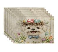 Spring Easter Maltese Dog Placemats Set of 6, 12 * 18, Rustic Country Puppy 4Pcs Print Table Mats for Dinning, Farmhouse Holiday Home Kitchen Decor