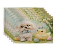 Spring Easter Maltese Dog Placemats Set of 6, 12x18 Inch, Cute Chick Eggs 6Pcs Seasonal Table Mats for Home Dinning, Pet Holiday Party Kitchen Decor