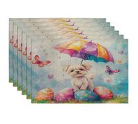 Spring Easter Maltese Dog Placemats Set of 6, 12x18 Inch, Fun Umbrella Eggs 6Pcs Washable Table Mats for Dinning, Pet Holiday Home Kitchen Decor