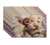 Spring Easter Monkey Placemats Set of 6, 12x18 Inch, Cute Lavender Eggs 6Pcs Washable Table Mats for Dinning, Animal Holiday Home Kitchen Decor