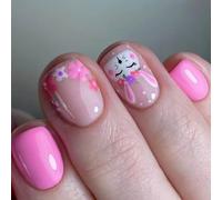 Spring Easter Nail Art Manicure Set 24pcs Short Square Nails Rabbit and Flowers Stick to Nails