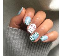 Spring Easter Nails Art Manicure Set 24Pcs Short Square False Nails With Rabbits And Flowers Nails