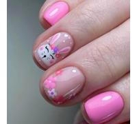 Spring Easter Nails Art Manicure Set 24Pcs Short Square False Nails With Rabbits And Flowers Stick on Nails for Party