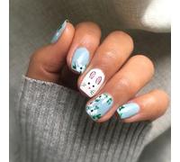Spring Easter Nails Art Manicure Set 24Pcs Short Square False Nails With Rabbits And Flowers Stick On Nails For Party