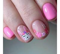 Spring Easter Nails Art Manicure Set 24Pcs Short Square False Nails With Rabbits And Flowers Stick On Nails For Party
