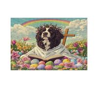 Spring Easter Newfoundland Dog Jigsaw Puzzles for Adults 300 Piece, Retro Cross Eggs Puppy Wooden Printed Puzzles, Country Pattern Decorations for Entertainment Party