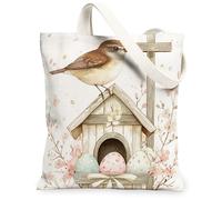 Spring Easter Nightingales Bird Canvas Tote Bag for Shopping 13 * 15, Birdhouse Eggs Cross Reusable Grocery Bag for Women, Floral Travel Painting Gift Decoration