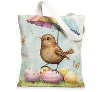 Spring Easter Nightingales Bird Canvas Tote Bag for Shopping 13 * 15, Funny Umbrella Eggs Reusable Grocery Shoulder Cloth Bag for Women, Animal Painting Gift Decor