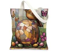 Spring Easter Nightingales Bird Canvas Tote Bag for Shopping 13 * 15, Stained Glass Eggs Reusable Grocery Shoulder Bag for Women, Animal Painting Gift Decor