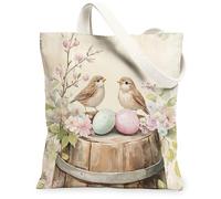 Spring Easter Nightingales Bird Canvas Tote Bag for Shopping 13 * 15, Wooden Floral Eggs Reusable Grocery Bag for Women, Animal Travel Painting Gift Decoration
