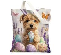 Spring Easter Norfolk Terrier Dog Canvas Tote Bag for Shopping 13 * 15, Cute Lavender Eggs Reusable Grocery Bag for Women, Pet Travel Pattern Gift Decoration