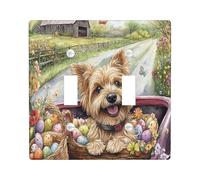 Spring Easter Norfolk Terrier Dog Decorative Light Switch Cover Wall Plate 2 Gang Double Toggle, Farmhouse Truck Eggs Puppy Electrical Switchplate, Country Electrical Faceplate for Bedroom