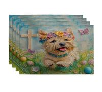 Spring Easter Norfolk Terrier Dog Placemats Set of 4, 12''x18'', Cross Eggs Field 4Pcs Washable Table Mats for Home Dinning, Pet Holiday Party Kitchen Decoration