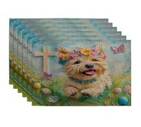 Spring Easter Norfolk Terrier Dog Placemats Set of 6, 12''x18'', Cross Eggs Field 6Pcs Washable Table Mats for Home Dinning, Pet Holiday Party Kitchen Decoration
