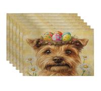 Spring Easter Norfolk Terrier Dog Placemats Set of 6, 12x18 Inch, Eggs Plaid Daisy 6Pcs Seasonal Table Mats for Home Dinning, Pet Holiday Party Kitchen Decor