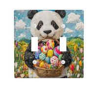 Spring Easter Panda Decorative Light Switch Cover Wall Plate 2 Gang Double Toggle, Quilted Wildflower Animal Electrical Switchplate, Country Farm Print Electrical Faceplate