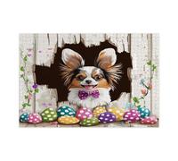 Spring Easter Papillon Dog Jigsaw Puzzles for Adults 1000 Piece, Fun Rustic Eggs Puppy Wooden Puzzles, Farmhouse Pattern Decor for Home Entertainment
