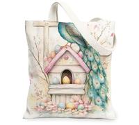 Spring Easter Peacocks Bird Canvas Tote Bag for Shopping 13 * 15, Birdhouse Eggs Cross Reusable Grocery Bag for Women, Floral Travel Painting Gift Decoration