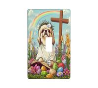 Spring Easter Pekingese Dog Decorative Light Switch Cover Wall Plate 1 Gang Single Toggle, Bible Cross Eggs Puppy Electrical Switchplate, Country Electrical Faceplate for Bedroom