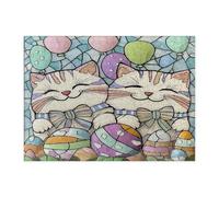 Spring Easter Persians Cat Jigsaw Puzzles for Adults 500 Piece, Stained Glass Eggs Kitten Wooden Puzzles, Fun Pet Pattern Decorations for Home Entertainment