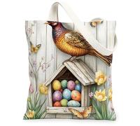 Spring Easter Pheasant Bird Canvas Tote Bag for Shopping 13 * 15, Wood Birdhouse Eggs Reusable Grocery Bag for Women, Floral Travel Pattern Gift Decoration