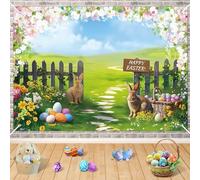 Spring Easter Photography Backdrop, 7x5ft Happy Easter Bunny Egg Garden Photoshoot Background Green Grass Pink Floral Fence Nature Flower Backdrops Photo Banner Hello Spring Backdrop for Photography