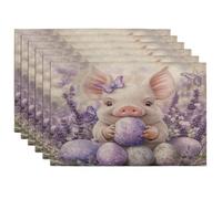 Spring Easter Pig Placemats Set of 6, 12x18 Inch, Cute Lavender Eggs 6Pcs Washable Table Mats for Dinning, Animal Holiday Home Kitchen Decor