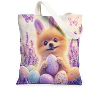 Spring Easter Pomeranian Dog Canvas Tote Bag for Shopping 13 * 15, Cute Lavender Eggs Reusable Grocery Bag for Women, Pet Travel Painting Gift Decoration