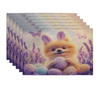 Spring Easter Pomeranian Dog Placemats Set of 6, 12x18 Inch, Cute Lavender Eggs 6Pcs Washable Table Mats for Dinning, Pet Holiday Home Kitchen Decor