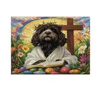 Spring Easter Portuguese Water Dog Jigsaw Puzzles for Adults 500 Piece, Retro Cross Eggs Puppy Wooden Printed Puzzles, Country Pattern Decorations for Entertainment Party
