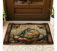 Spring Easter Praying Mantis Front Black Door Mat Outside Inside Entrance 29 * 17, Stained Glass Eggs Outdoor Indoor Ultra Thin Doormat, Small Insect Classroom Patio Home Shoes Off Doormat