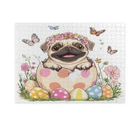Spring Easter Pug Dog Jigsaw Puzzles for Adults 500 Piece, Fun Cute Eggs Puppy Wooden Printed Puzzles, Flowers Pattern Decorations for Home Entertainment