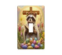Spring Easter Raccoon Decorative Light Switch Cover Wall Plate 1 Gang Single Toggle, Bible Cross Eggs Animal Electrical Switchplate, Country Farmhouse Electrical Faceplate for Bedroom