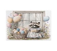 Spring Easter Raccoon Jigsaw Puzzles for Adults 1000 Piece, Victoria Country Animal Wooden Puzzles, Farmhouse Vintage Printed Decor for Entertainment Creative