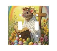 Spring Easter Rat Mouse Decorative Light Switch Cover Wall Plate 2 Gang Double Toggle, Bible Cross Eggs Animal Electrical Switchplate, Country Farmhouse Electrical Faceplate for Bedroom