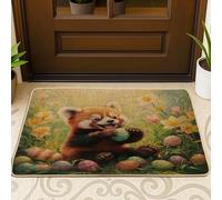 Spring Easter Red Pandas Front Black Door Mat Outside Inside Entrance 29 * 17, Eggs Floral Field Outdoor Indoor Ultra Thin Doormat, Small Animal Classroom Patio Home Shoes Off Doormat