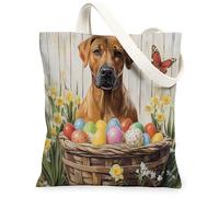 Spring Easter Rhodesian Ridgebacks Canvas Tote Bag for Shopping 13 * 15, Floral Basket Eggs Reusable Grocery Shoulder Bag for Women, Dog Painting Gift Decor