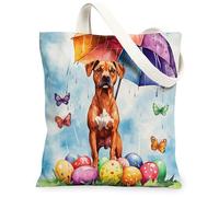 Spring Easter Rhodesian Ridgebacks Canvas Tote Bag for Shopping 13 * 15, Fun Umbrella Eggs Reusable Grocery Bag for Women, Dog Travel Pattern Gift Decoration