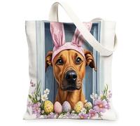 Spring Easter Rhodesian Ridgebacks Canvas Tote Bag for Shopping 13 * 15, Funny Bunny Eggs Reusable Grocery Shoulder Bag for Women, Dog Painting Gift Decoration