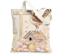 Spring Easter Roadrunners Bird Canvas Tote Bag for Shopping 13 * 15, Birdhouse Eggs Cross Reusable Grocery Bag for Women, Floral Travel Pattern Gift Decoration