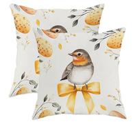 Spring Easter Robins Bird Pillow Cases Kit of 2, Soft Bows Floral Eggs Printing Throw Pillow Covers 14x14 Set, Animal Pattern Velvet Decor Couch Living Room