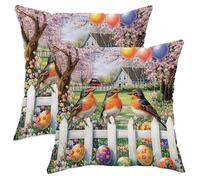 Spring Easter Robins Bird Pillow Cases Kit of 2, Soft Floral Fence Eggs Printing Throw Pillow Covers 16x16 Set, Farm Velvet Home Decor for Couch Living Room Bed