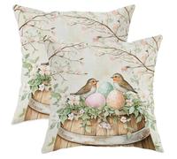 Spring Easter Robins Bird Throw Pillow Covers 16x16 Set of 2, Soft Wooden Floral Eggs Pillow Cases Kit with Zipper, Animal Pattern Velvet Decor Couch Sofa Living Room